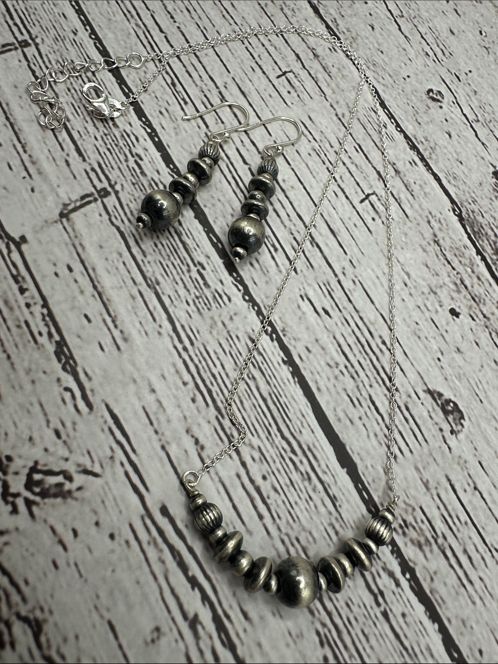 Sterling Silver Beaded Necklace and Earring Set in Silver